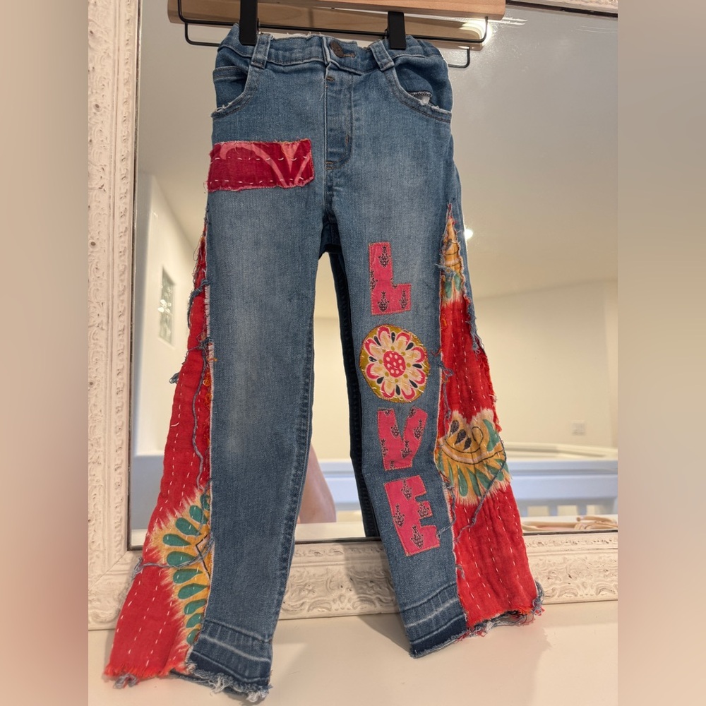 Bohemian Hippie Girl's Size 5 Upcycled Patchwork Love Bell Bottom Blue Jeans
